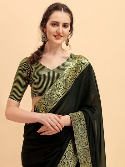 Black Solid Woven Border Saree with Woven Blouse - Inddus