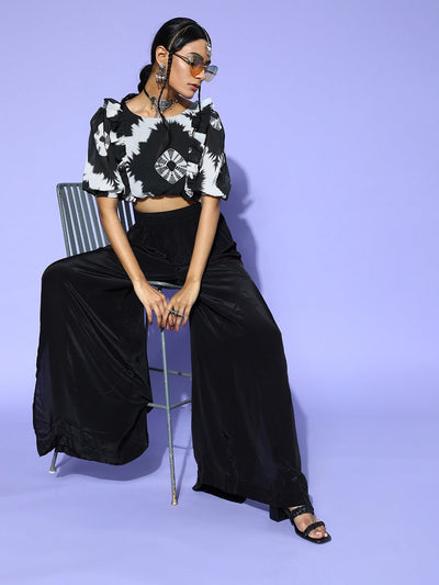Black Tie and Dye Ruffled Ethnic Fusion Top - Inddus.in
