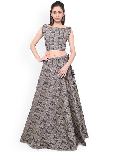Blue Banarasi Block Print Cotton Semi-Stitched Lehenga Choli - Inddus.in