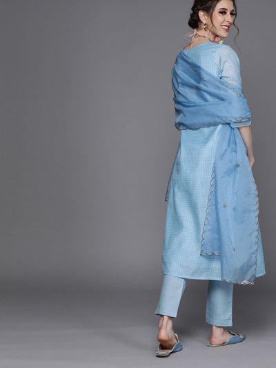 Blue Chanderi Cotton Partywear Solid Straight Cut Suit - Inddus