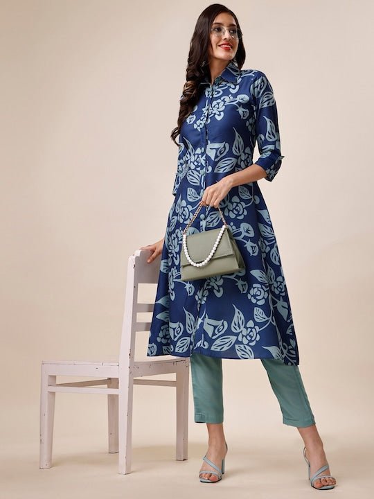 Buy HELLOW Design Women's Crepe Chinese Collar Neck Floral Printed A-Line  Kurta (Blue_X-Large) at Amazon.in