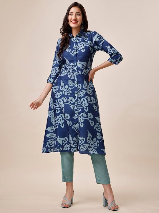 Buy Blue & White Linen Floral Print Kurti with Navy Blue Cotton Silk Pants  Kurti Set - Kurti Set Online in India | Kurta neck design, Dress designs  for stitching, Velvet dress designs