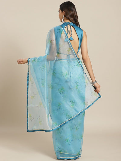 Blue Organza Printed Saree - Inddus