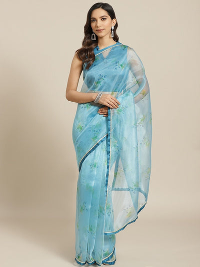Blue Organza Printed Saree - Inddus