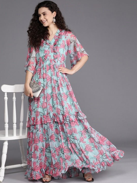 Blue & Pink Floral Chiffon Maxi Dress Inddus.in Blue & Pink Floral Chiffon Maxi Dress Inddus.in