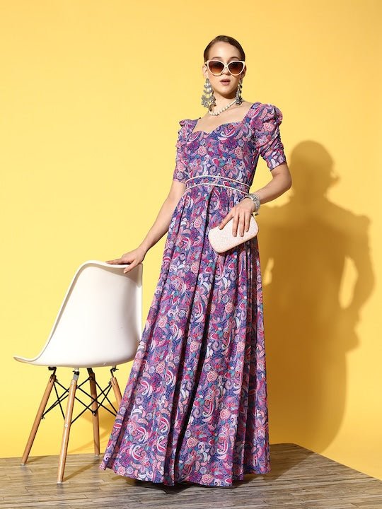 Blue & Pink Floral Georgette Maxi Dress Inddus.in