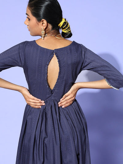 Blue Self Desing Kurta with Back Cut-out Detail - Inddus.in