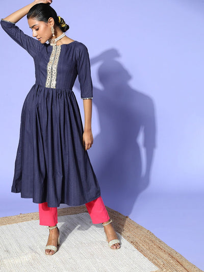Blue Self Desing Kurta with Back Cut-out Detail - Inddus.in
