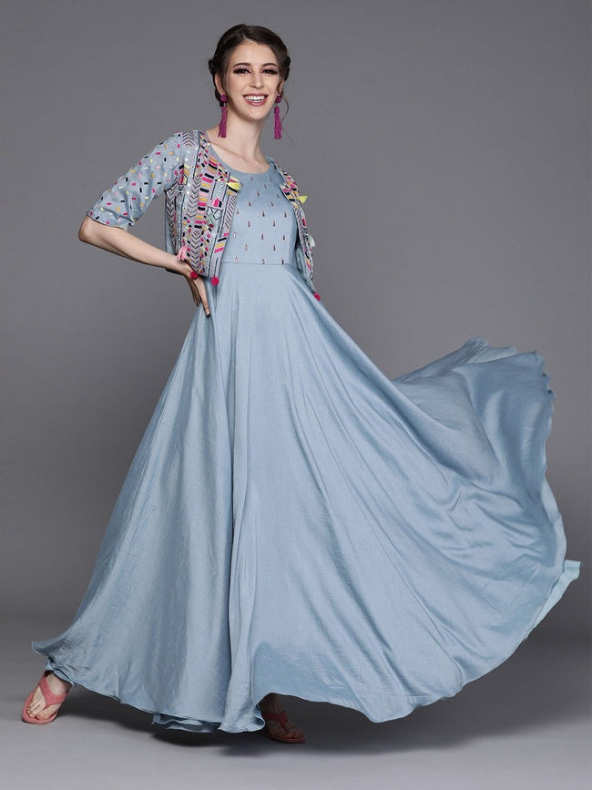 Enchanting Blue Silk Partywear Embroidered Dress Online at Inddus.in.
