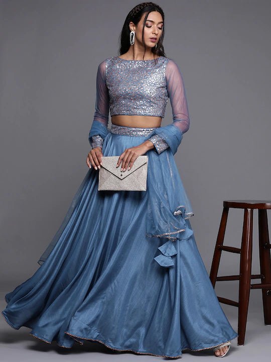 blue silver toned embellished sequinned semi stitched lehenga unstitched blouse with dupatta 390831