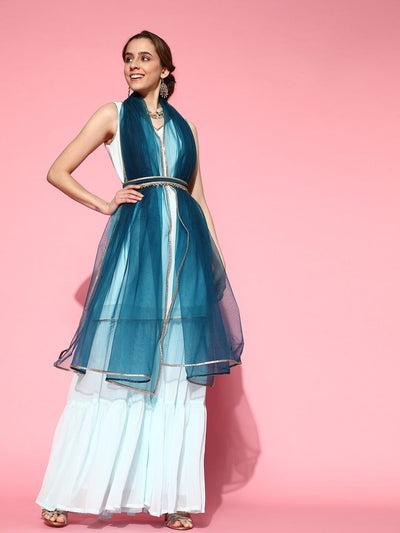 Blue Stripped Kurta with Sharara and Net Dupatta and Embellished Belt - Inddus.in