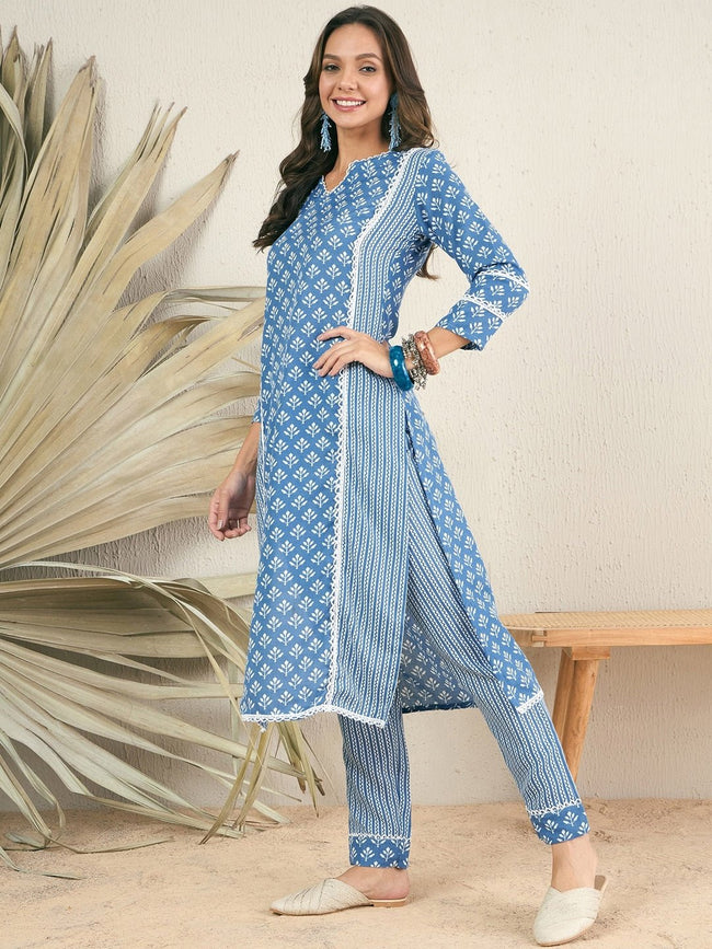 Blue Ethnic Motifs Printed Cotton Straight Kurta