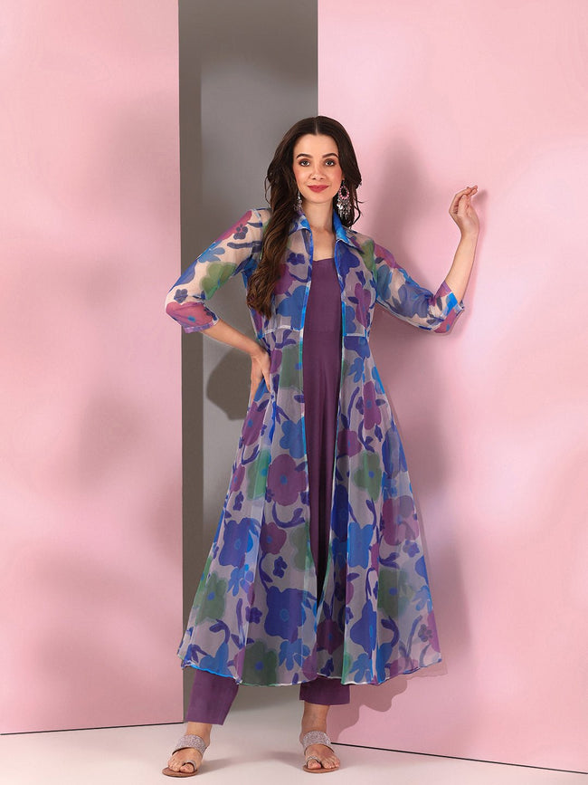 Blue Women Floral Printed Empire Kurta with Trousers Inddus.in