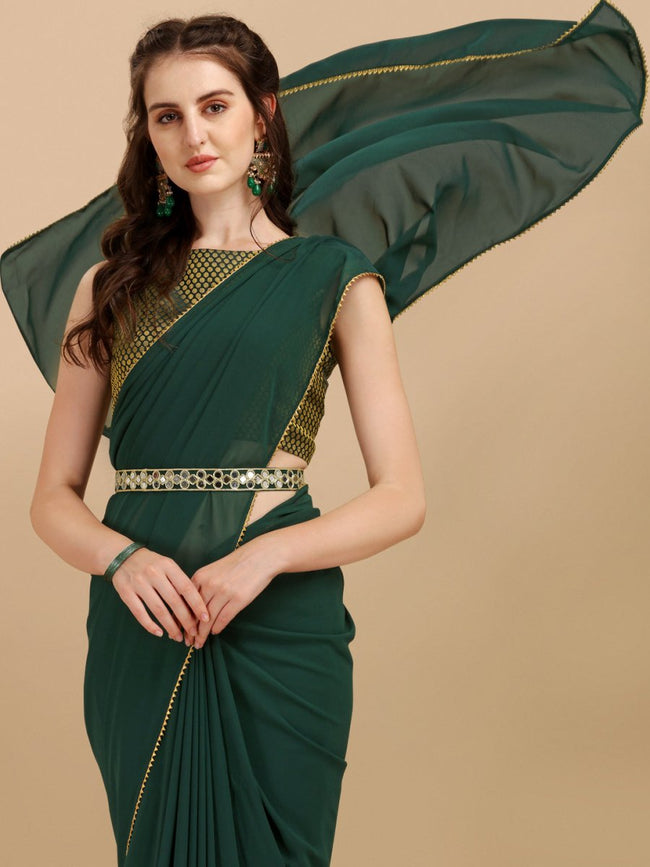 Bottle Green Woven Design Georgette Saree & Embellished Belt Inddus.in