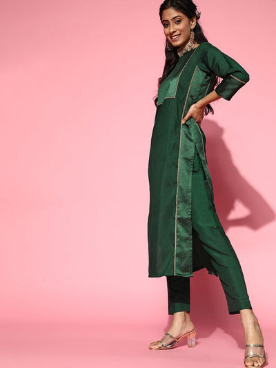 Bottle Green Woven Kurta with Pants and Dupatta - Inddus.in