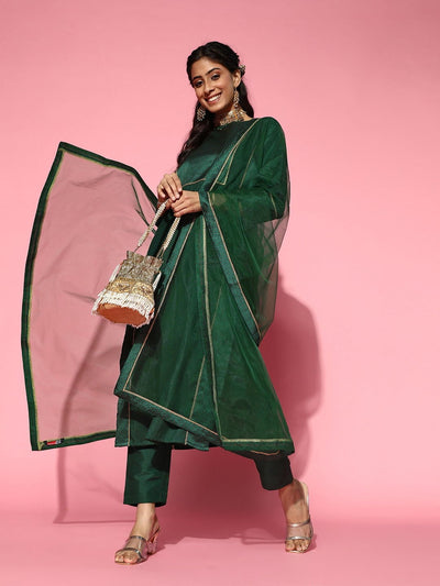 Bottle Green Woven Kurta with Pants and Dupatta - Inddus.in