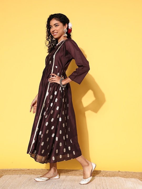 blue dress for baby girl Brown Ethnic Motifs Zari Midi Dress Inddus.in