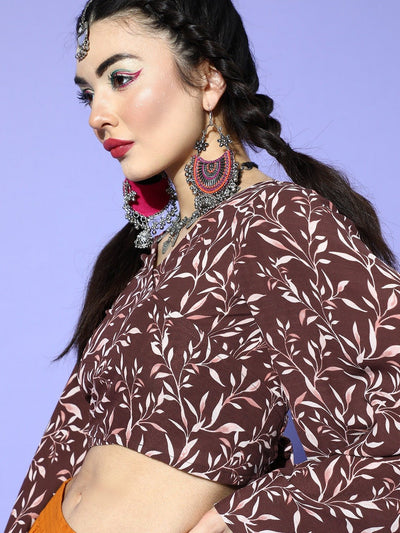 Brown Floral Print Waist Tie-Up Ethnic Fusion Top - Inddus.in