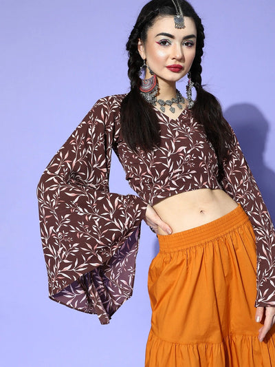 Brown Floral Print Waist Tie-Up Ethnic Fusion Top - Inddus.in