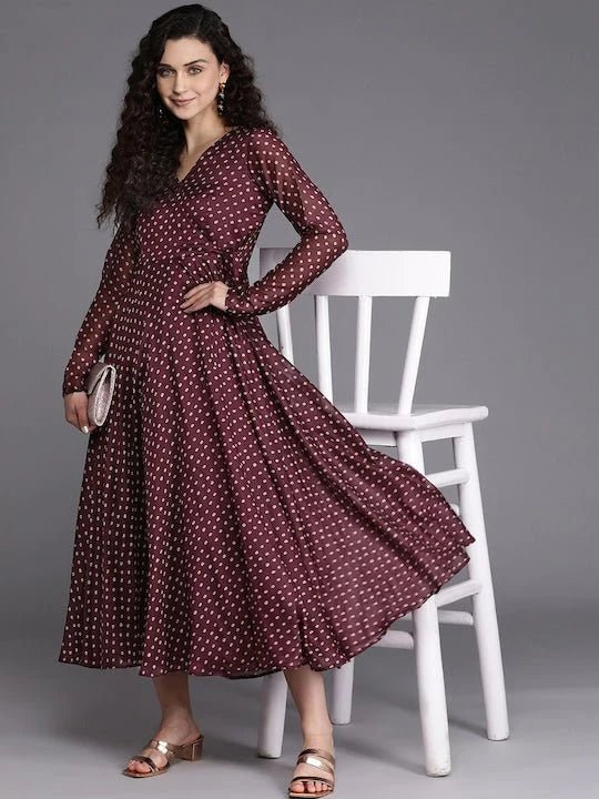 bandhani midi dress Burgundy & Beige Bandhani Printed Chanderi Cotton Wrap Midi Dress