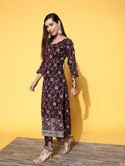 Burgundy Pure Cotton Unstitched Dress Material - Inddus.in