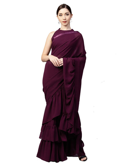 Burgundy Solid Ruffle Saree - Inddus