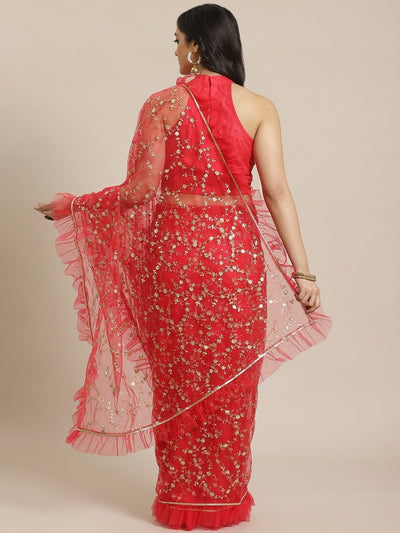 Coral Red & Golden Net Embroidered Ruffled Saree - Inddus