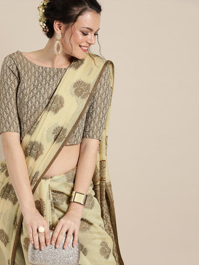 Cream-Coloured & Brown Cotton Blend Woven Design Chanderi Saree - Inddus