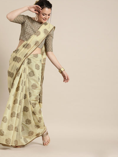 Cream-Coloured & Brown Cotton Blend Woven Design Chanderi Saree - Inddus