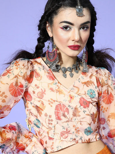 Cream Floral Printed Organza Waist Tie-Up Ethnic Fusion Top - Inddus.in