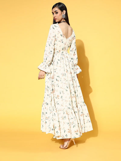 Cream Polyester Partywear Floral Dresses - Inddus.in