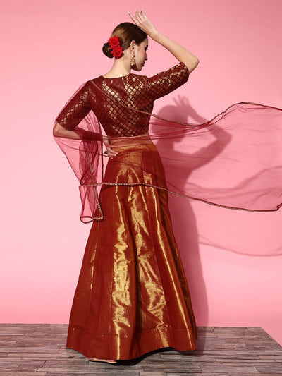 Deep Maroon Woven Design Semi-stitched Lehenga Choli With Dupatta - Inddus.in