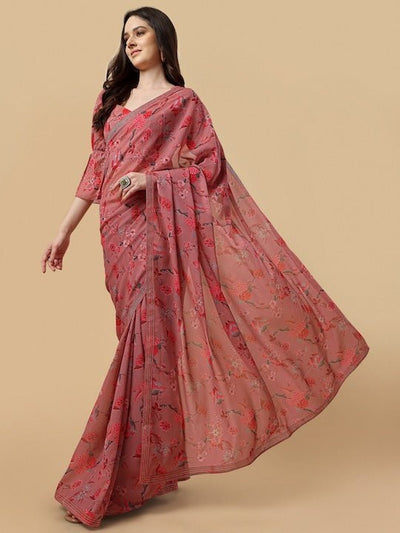 Digital Floral Printed Saree With Blouse Piece - Inddus.in