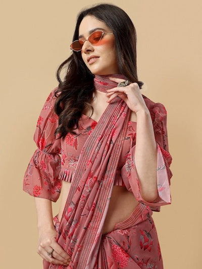 Digital Floral Printed Saree With Blouse Piece - Inddus.in
