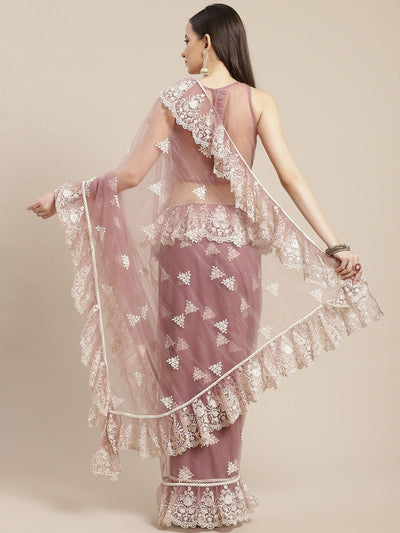 Dirty Pink Embroidered Ruffle Saree - Inddus