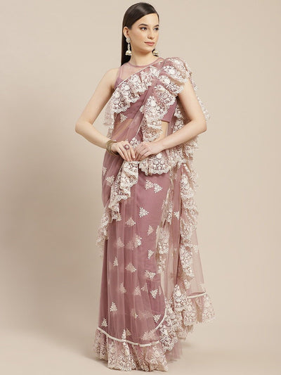 Dirty Pink Embroidered Ruffle Saree - Inddus