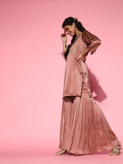 Dirty Pink Laced Kurta with Sharara and Net Dupatta - Inddus.in