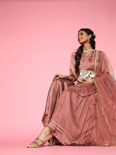 Dirty Pink Laced Kurta with Sharara and Net Dupatta - Inddus.in