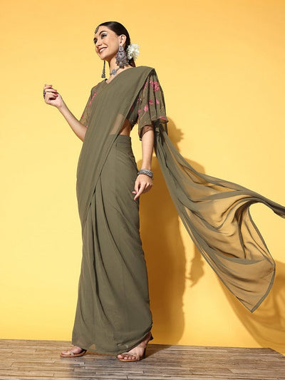 Women Mehndi Green Skirt Drape Saree with Embroidered Blouse Piece