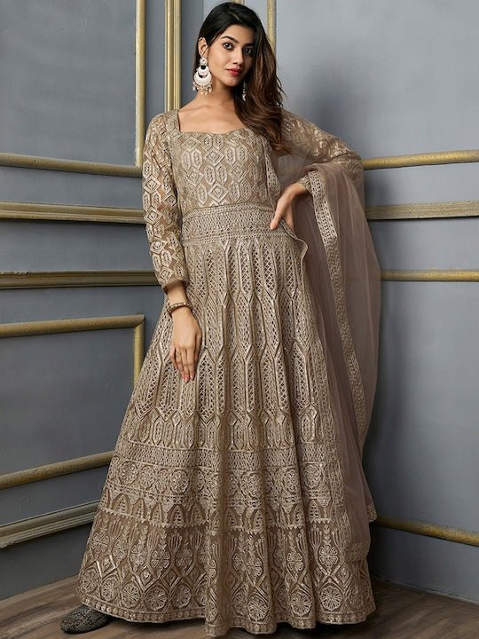 Embellished Fit & Flare Ethnic Dress With Dupatta Inddus.in Embellished Fit & Flare Ethnic Dress With Dupatta Inddus.in