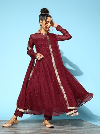 Embroidered Beads & Stones Kurta With Trousers & With Dupatta - Inddus.in