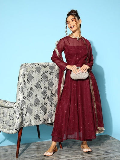 Embroidered Beads & Stones Kurta With Trousers & With Dupatta - Inddus.in