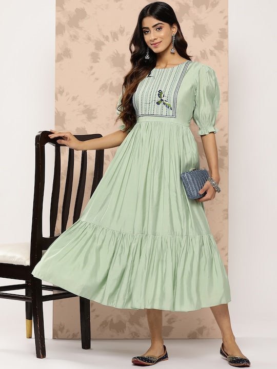 Embroidered Yoke Design Puff Sleeves Midi Ethnic Dress Inddus.in Embroidered Yoke Design Puff Sleeves Midi Ethnic Dress Inddus.in