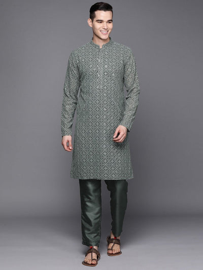 Ethnic Motifs Embroidered Chikankari Kurta with Trousers - Inddus.in