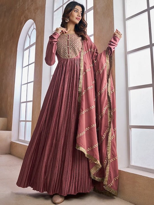 chinese dress ladies Ethnic Motifs Sequinned Embroidered Pleated Kurta With Dupatta Inddus.in