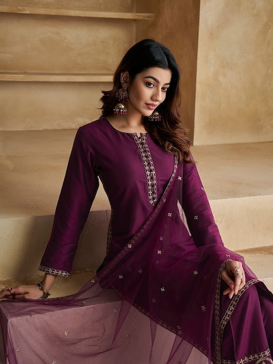 Ethnic Motifs Yoke Design Pure Silk Kurta with Trousers Dupatta