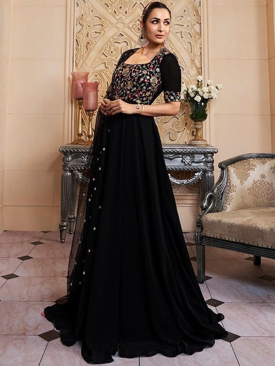 Floral Embroidered Fit & Flare Maxi Ethnic Dress With Dupatta Floral Embroidered Fit & Flare Maxi Ethnic Dress With Dupatta