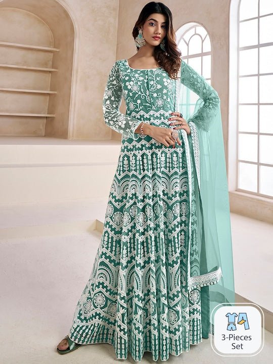 Floral Embroidered Fit & Flare Maxi Ethnic Dresses With Dupatta Floral Embroidered Fit & Flare Maxi Ethnic Dresses With Dupatta