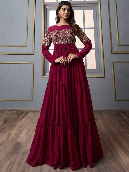 Floral Embroidered Gathered Detail Tiered Fit & Flare Ethnic Maxi Dres  Inddus.in