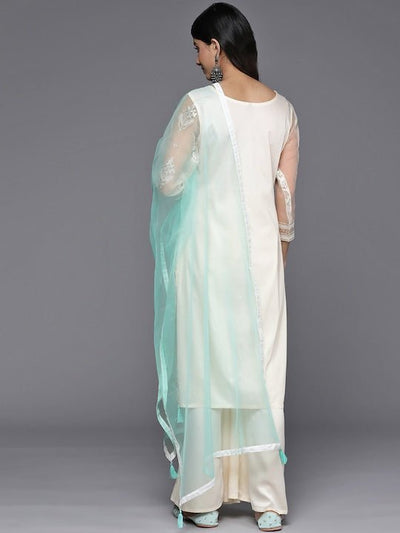 Floral Embroidered Kurta With Palazzos & Dupatta - Inddus.in